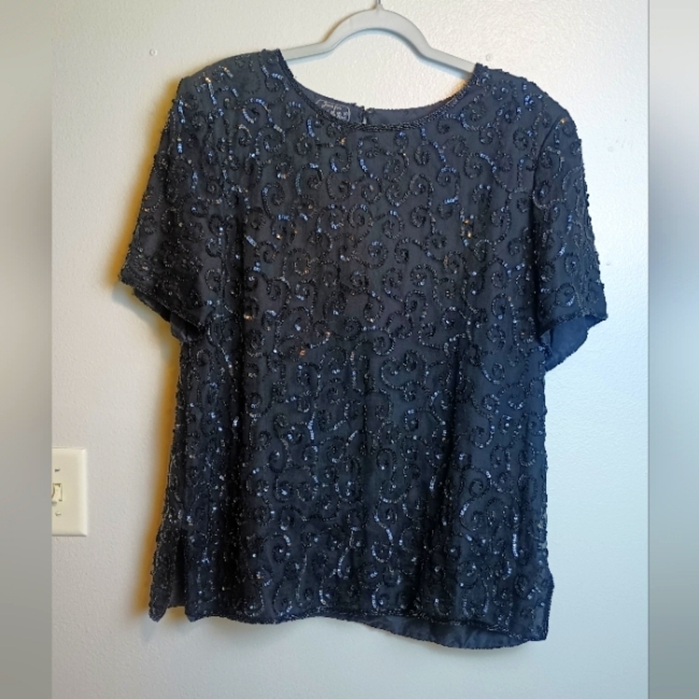 Vintage 80s Joseph Le Bon Silk Top Sequin Beaded Black Size 16 W